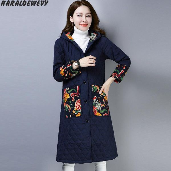 2019 winter new national style large size women's cotton quilted hooded printing long coat jacket, Black
2019 winter new national style large size women's cotton quilted hooded printing long coat jacket, Black