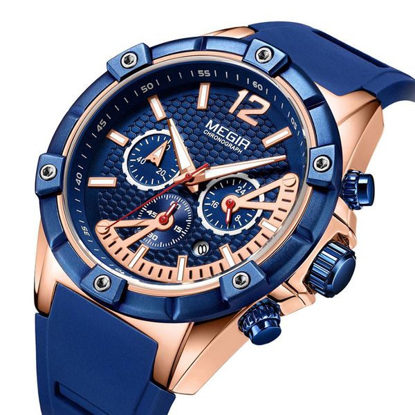 

megir men's sports watch quartz watches calendar luminous waterproof silicone strap 2083g, Slivery;brown