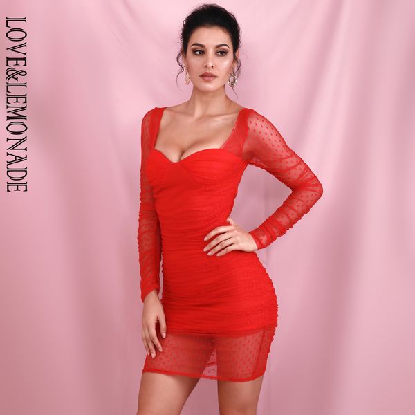 love&lemonade red square collar long sleeve bodycon dot netting smocking party mini dress lm82179, Black;gray
love&lemonade red square collar long sleeve bodycon dot netting smocking party mini dress lm82179, Black;gray