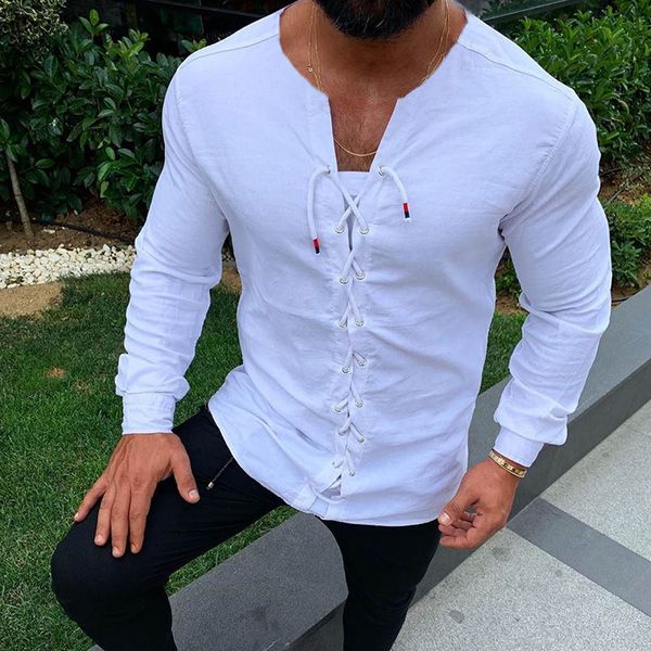 long sleeve autumn v-neck shirt streetwear blouse men casual slim fit shirt solid cotton linen drawstring male, White;black
long sleeve autumn v-neck shirt streetwear blouse men casual slim fit shirt solid cotton linen drawstring male, White;black