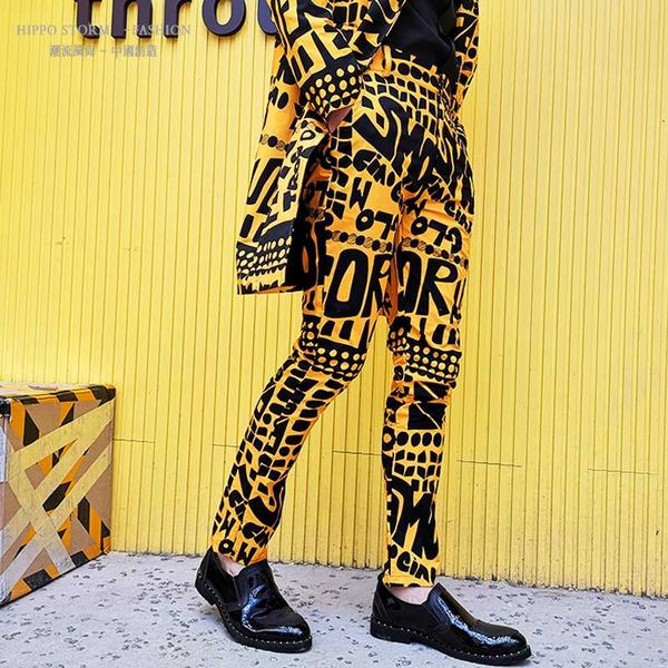 mens fashion yellow letter floral print suit trousers hip hop nightclub stage singer dj male casual pants singer stage wear, White;black
mens fashion yellow letter floral print suit trousers hip hop nightclub stage singer dj male casual pants singer stage wear, White;black