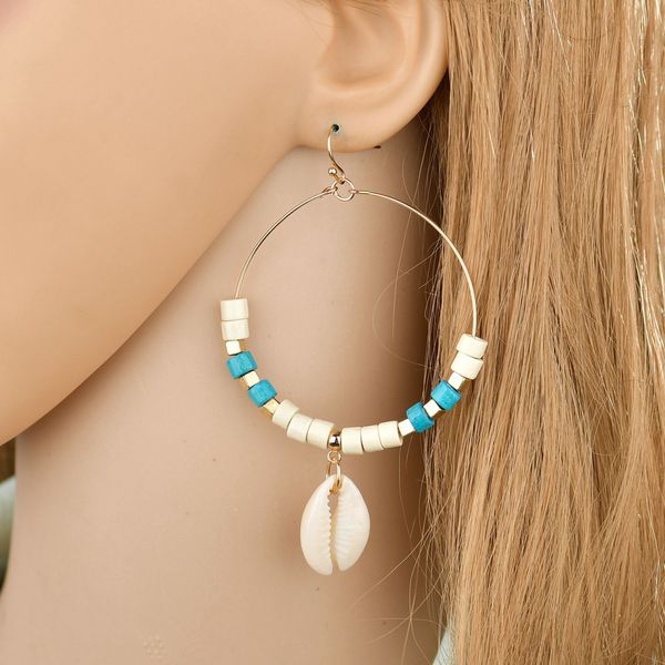 huitan hoop drop earrings with cute conch drop big hoop loop beaded women summer earrings wholesale lots&bulk beach accessories, Golden;silver