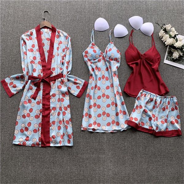 women 4pcs pijamas set dress night gowns summer silk print cute home long sleeve sleepwear clothing with chest pads, Black;red
women 4pcs pijamas set dress night gowns summer silk print cute home long sleeve sleepwear clothing with chest pads, Black;red