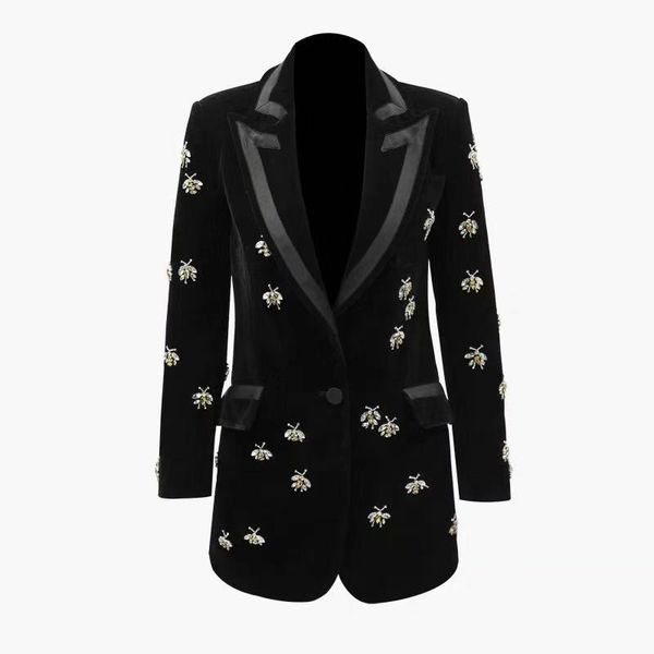 luxury designer european style spring fall bees beading long blazers notched black velvet slim diamonds plus size blazer, White;black
luxury designer european style spring fall bees beading long blazers notched black velvet slim diamonds plus size blazer, White;black
