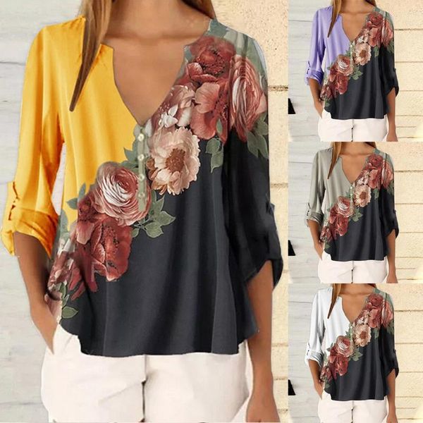 womens 3/4 bell sleeve v neck floral print loose shirt blouses, Black;blue