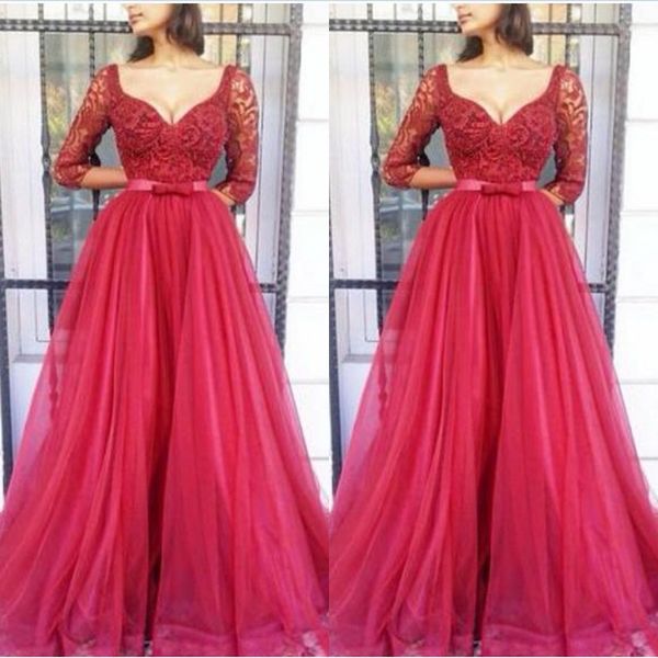 modest prom dresses with illusion 3/4 sleeves lace appliques bow sash tulle skirt full length evening party gowns high quality, Black
modest prom dresses with illusion 3/4 sleeves lace appliques bow sash tulle skirt full length evening party gowns high quality, Black
