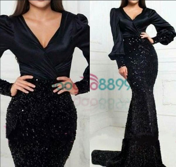2019 black sparkly mermaid evening dresses long sleeves pleated v-neck sequined skirt party prom gowns arabic qatar vestidos, Black;red
2019 black sparkly mermaid evening dresses long sleeves pleated v-neck sequined skirt party prom gowns arabic qatar vestidos, Black;red