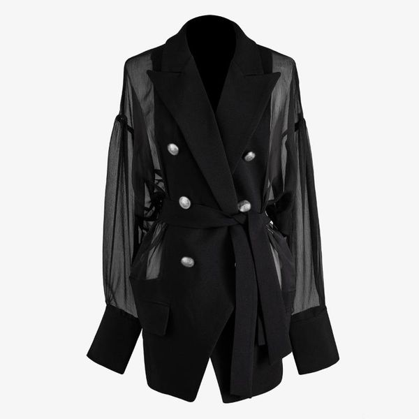 double-breasted mesh stitching suit lace-up perspective long-sleeved thin sun-proof clothing black blazer for women, White;black
double-breasted mesh stitching suit lace-up perspective long-sleeved thin sun-proof clothing black blazer for women, White;black