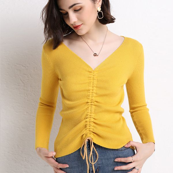 19 autumn and winter new female v-neck sweater short slim fashion cashmere wool knit drawstring long sleeve bottoming pullover, White;black
19 autumn and winter new female v-neck sweater short slim fashion cashmere wool knit drawstring long sleeve bottoming pullover, White;black