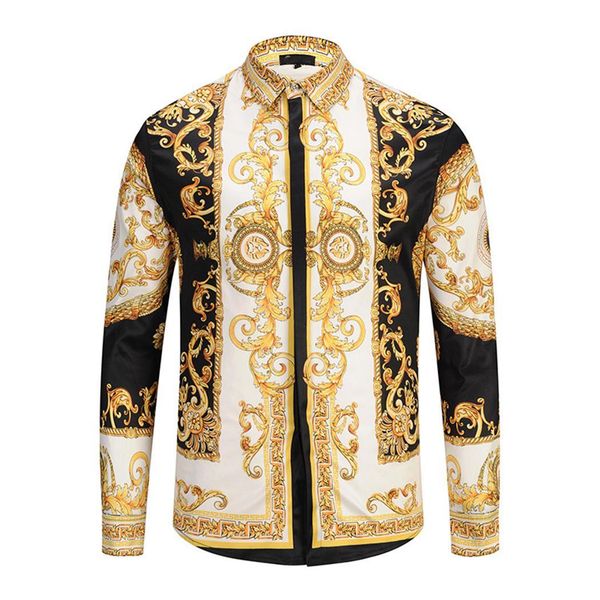 men print gold button down fashion long spring/autumn sleeve slim casual black fit shirt regular, White;black
men print gold button down fashion long spring/autumn sleeve slim casual black fit shirt regular, White;black
