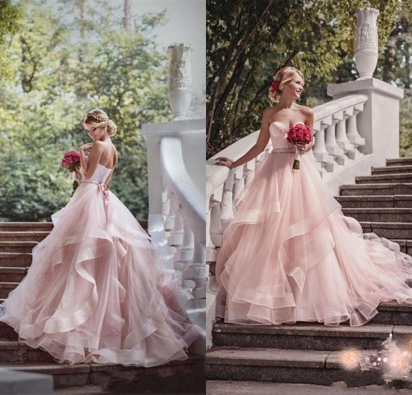 new blush pink garden wedding dresses with ribbon sweetheart beads ruffles skirt princess bohemian bridal dresses with sweep train, White 
new blush pink garden wedding dresses with ribbon sweetheart beads ruffles skirt princess bohemian bridal dresses with sweep train, White
