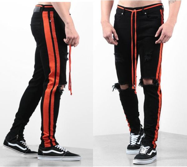 side red stripe for men skinny pencil jeans big knee holes slim fit distressed denim trousers biker hiphop man male stretch jens, Blue
side red stripe for men skinny pencil jeans big knee holes slim fit distressed denim trousers biker hiphop man male stretch jens, Blue