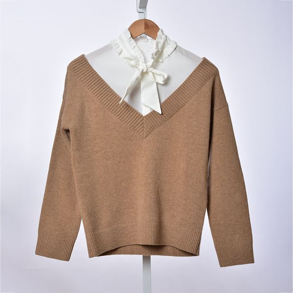 2020 spring summer long sleeve round neck khaki contrast color knitted ribbon tie panelled pullover knits women fashion tees w0615160, White
2020 spring summer long sleeve round neck khaki contrast color knitted ribbon tie panelled pullover knits women fashion tees w0615160, White