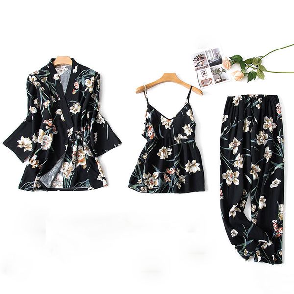 women floral print coat pants 3pcs pajamas sets female fashion long trousers casual sleepwear ladies nightwear sets, Black;red
women floral print coat pants 3pcs pajamas sets female fashion long trousers casual sleepwear ladies nightwear sets, Black;red