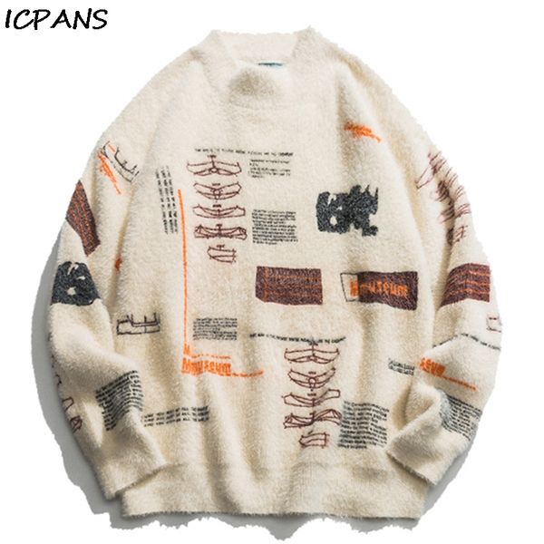 

icpans graffiti knitted pullover turtleneck men wool jumper hip hop sweaters streetwear casual long sleeve knitwear men, White;black