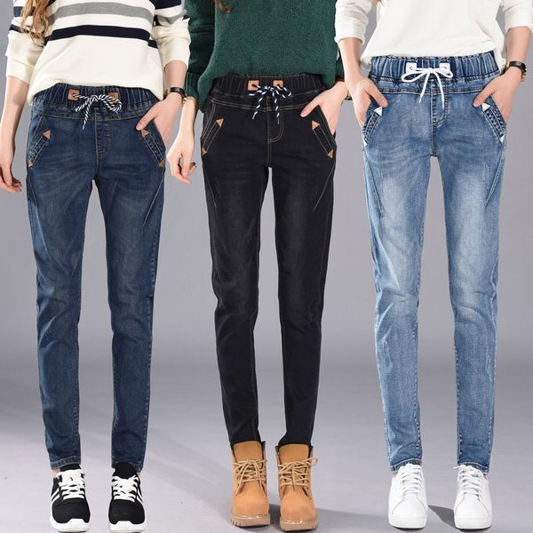women's 26-34inch elastic waist casual slim jeans vintage black blue long denim trousers
women's 26-34inch elastic waist casual slim jeans vintage black blue long denim trousers