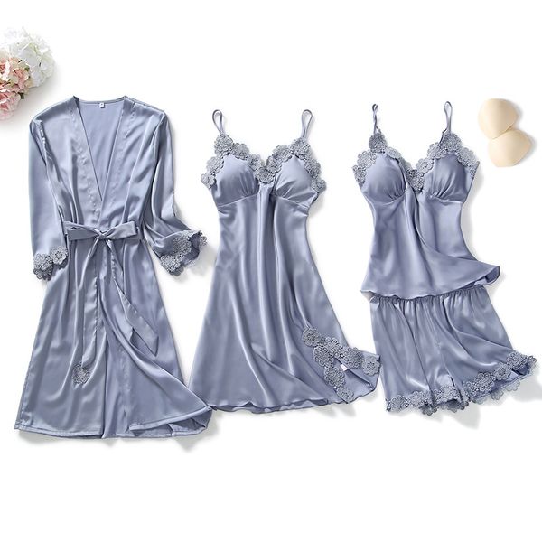 women pajamas 4 pieces satin sleepwear pijama silk home wear home clothing embroidery sleep lounge pyjama with chest pads, Black;red
women pajamas 4 pieces satin sleepwear pijama silk home wear home clothing embroidery sleep lounge pyjama with chest pads, Black;red