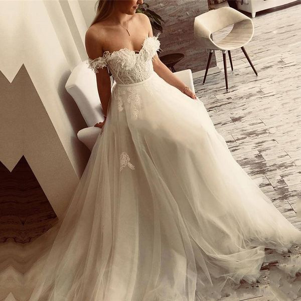 romantic off shoulder a line wedding dress beach boho tule bridal dresses backless 3d flower appliques wedding gown custom made, White
romantic off shoulder a line wedding dress beach boho tule bridal dresses backless 3d flower appliques wedding gown custom made, White
