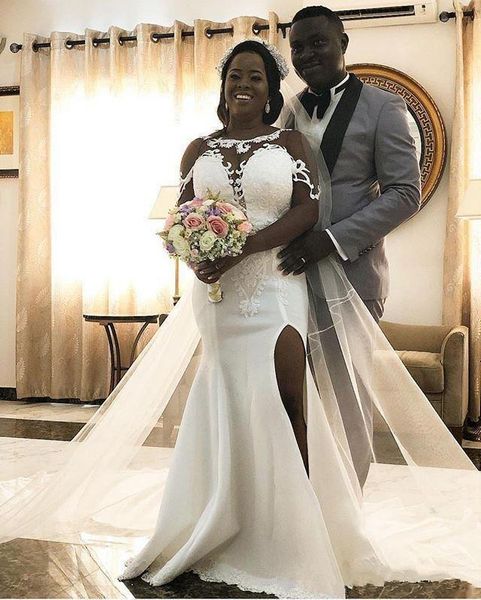 split mermaid wedding dresses 2020 sheer jewel neck lace appliques plus size bridal gowns sweep train wedding dress, White
split mermaid wedding dresses 2020 sheer jewel neck lace appliques plus size bridal gowns sweep train wedding dress, White