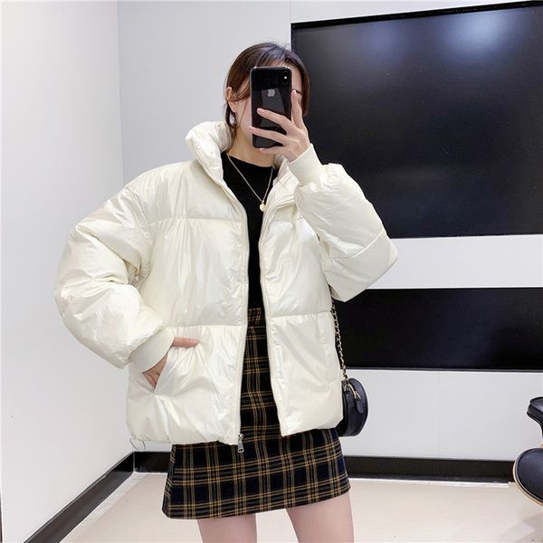 women's winter new short coat solid color zipper cotton jacket korean casual wild shiny cotton clothing female y1011, Black
women's winter new short coat solid color zipper cotton jacket korean casual wild shiny cotton clothing female y1011, Black