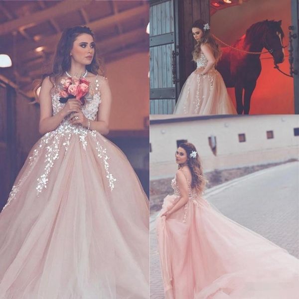 2019 arabic light pink a line wedding dresses appliques sheer neck backless long country blush wedding reception wear formal gowns, White
2019 arabic light pink a line wedding dresses appliques sheer neck backless long country blush wedding reception wear formal gowns, White
