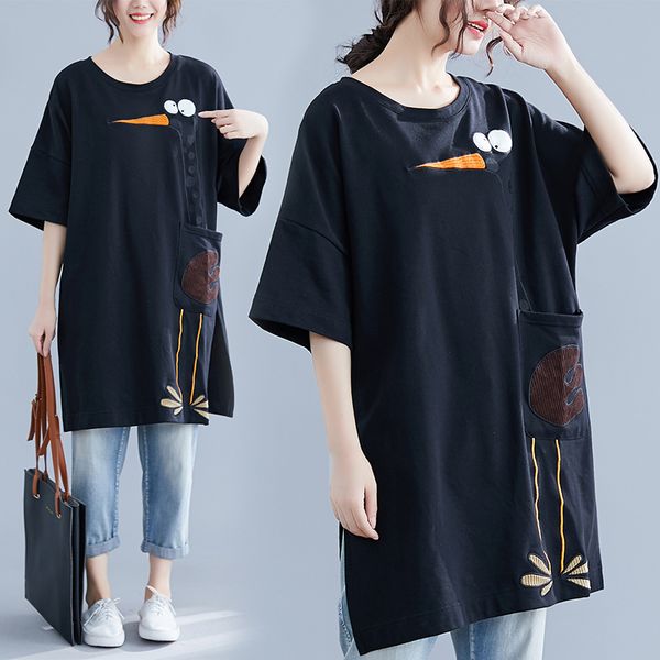 big size 4xl summer women fashion kawaii embroidery bird ladies female plus large short sleeve cotton loose split t shirt, White 
big size 4xl summer women fashion kawaii embroidery bird ladies female plus large short sleeve cotton loose split t shirt, White