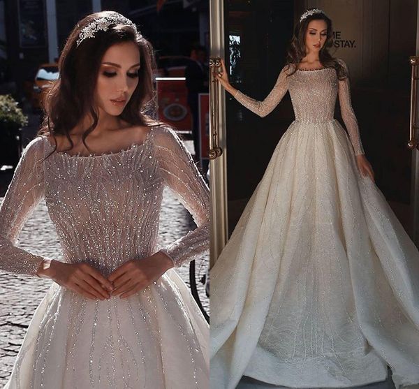 sparkly seuqined long sleeves wedding dress luxury vintage scoop neck saudi arabic dubai plus szie princess bridal gown, White
sparkly seuqined long sleeves wedding dress luxury vintage scoop neck saudi arabic dubai plus szie princess bridal gown, White