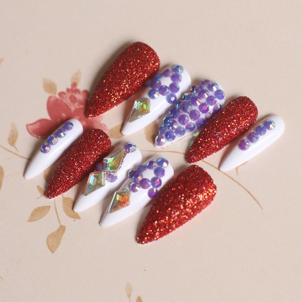 24pcs high-end fashion handmade crystal diamond long pointed fake nails purple red jw, Red;gold
24pcs high-end fashion handmade crystal diamond long pointed fake nails purple red jw, Red;gold