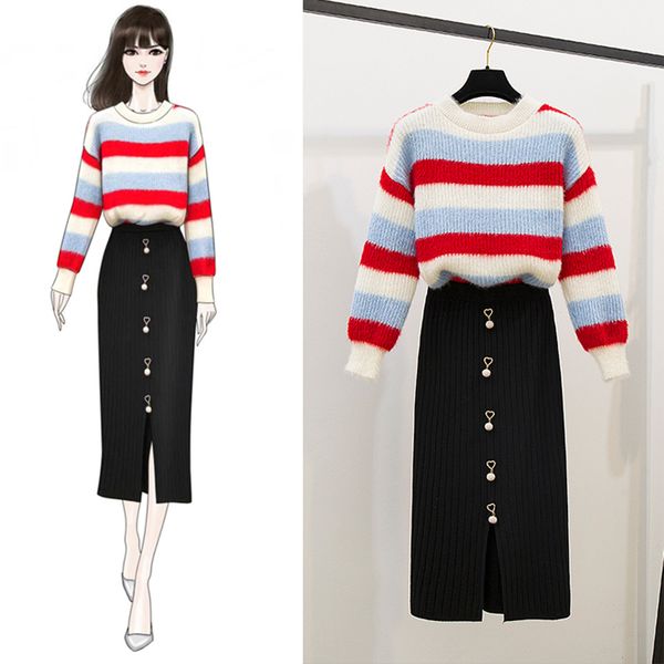 women warm knitted suit elegant two piece o neck long sleeve knitted stripe sweater and midi pencil skirt autumn winter outfits, White
women warm knitted suit elegant two piece o neck long sleeve knitted stripe sweater and midi pencil skirt autumn winter outfits, White