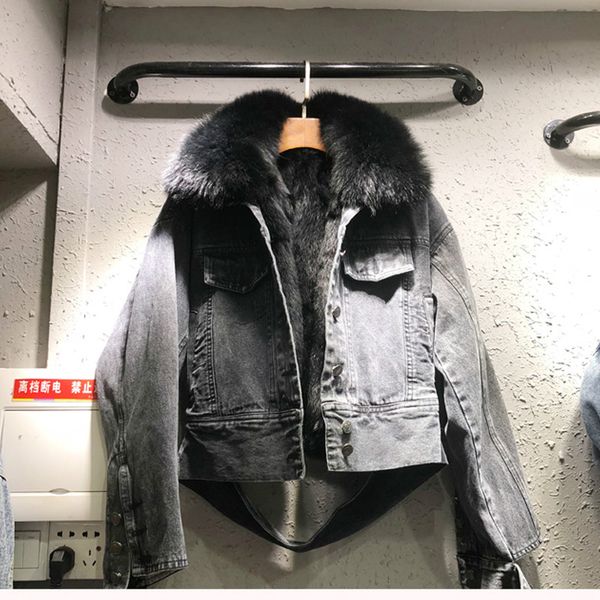 new autumn and winter thickened short denim jacket large fur collar denim padded coat for women real fur rivet jeans parkas, Black
new autumn and winter thickened short denim jacket large fur collar denim padded coat for women real fur rivet jeans parkas, Black