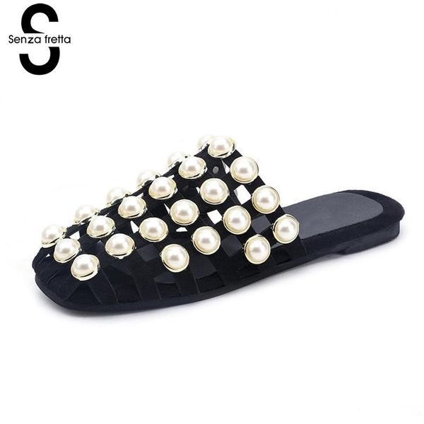 senza fretta summer bead charm pearl female hollow slippers casual women thong bead pearl hollow slippers flat heels sandals, Black