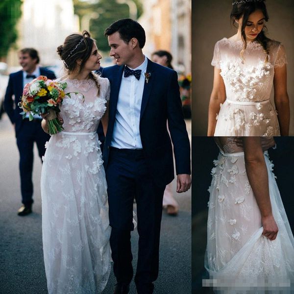 2019 vintage lace a line wedding dresses bateau short sleeves hand made flowers with ribbon garden country wedding gowns vestido de novia, White
2019 vintage lace a line wedding dresses bateau short sleeves hand made flowers with ribbon garden country wedding gowns vestido de novia, White