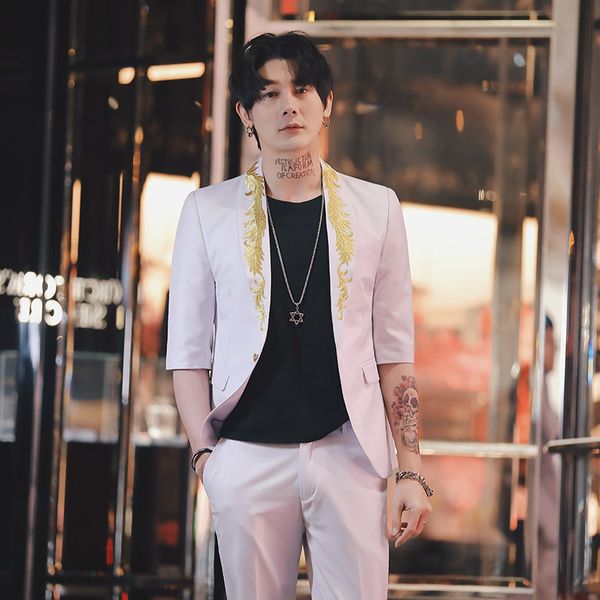 slim summer men's embroidered suit, middle sleeve suit, nine part pants, two-piece set, bridegroom's man studio, White;black
slim summer men's embroidered suit, middle sleeve suit, nine part pants, two-piece set, bridegroom's man studio, White;black