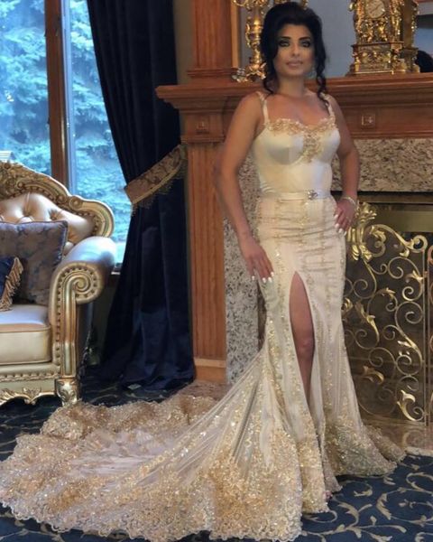 shining mermaid beaded prom dresses spaghetti straps sequined side split formal dress sweep train satin appliqued evening gowns, Black
shining mermaid beaded prom dresses spaghetti straps sequined side split formal dress sweep train satin appliqued evening gowns, Black