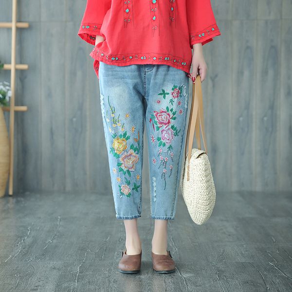 chinese style vintage woman hole harem pants literary embroidery elastic waist denim pants washed jeans casual denim trousers, Blue
chinese style vintage woman hole harem pants literary embroidery elastic waist denim pants washed jeans casual denim trousers, Blue