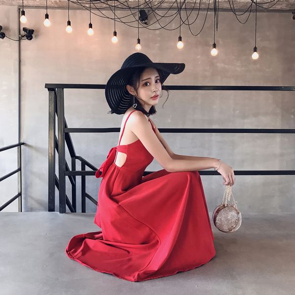 red suspender dress 2020 summer new elegant womens backless super fairy slim long skirt tide, White;black
red suspender dress 2020 summer new elegant womens backless super fairy slim long skirt tide, White;black