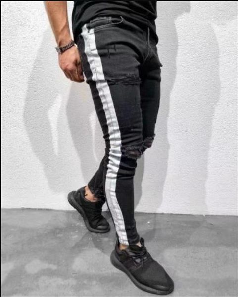 high knee holes white striped designer black jeans street style slim ripped jeans casual mens clothing fashion, Blue
high knee holes white striped designer black jeans street style slim ripped jeans casual mens clothing fashion, Blue