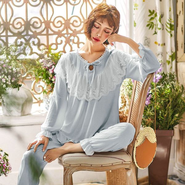 2019 spring sweet cotton women's pajamas sets elegant vintage princess white lace long sleeve sleepwear girls pyjamas, Blue;gray
2019 spring sweet cotton women's pajamas sets elegant vintage princess white lace long sleeve sleepwear girls pyjamas, Blue;gray