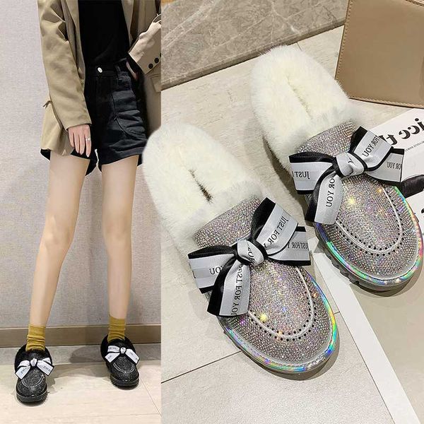 

bling crystal warm snow boots women bow-knot colorful sequined cloth rhinestones diamonds winter plus fur shoes woman, Black