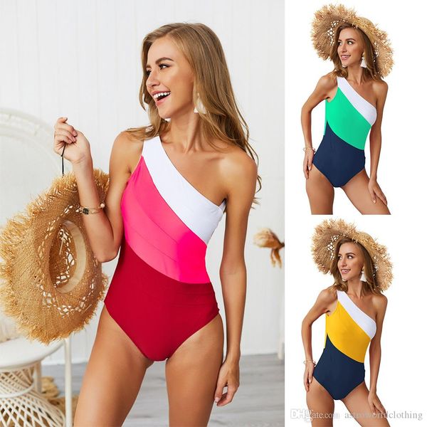 women colors patchwork bikini one shoulder high waist beach bathing suits swimwear, White;black
women colors patchwork bikini one shoulder high waist beach bathing suits swimwear, White;black