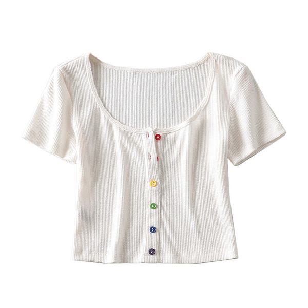 the new two-button rainbow u-neck comfortable simple high waist short sleeve t-shirt exposed navel short top, White
the new two-button rainbow u-neck comfortable simple high waist short sleeve t-shirt exposed navel short top, White