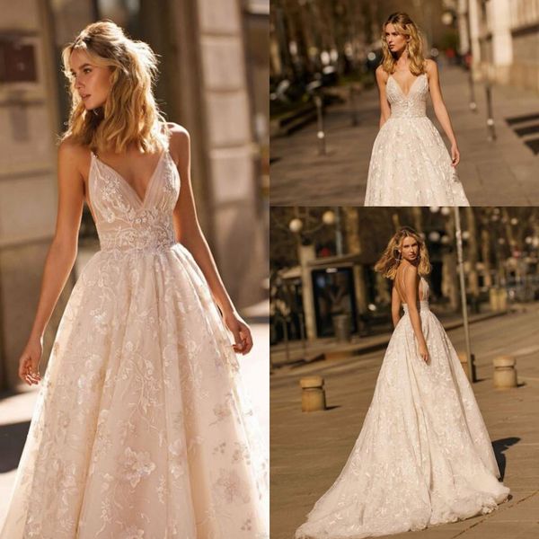 2019 berta lace wedding dresses appliqued a line deep v neck backless wedding gowns long tulle custom made wedding bridal gowns, White
2019 berta lace wedding dresses appliqued a line deep v neck backless wedding gowns long tulle custom made wedding bridal gowns, White