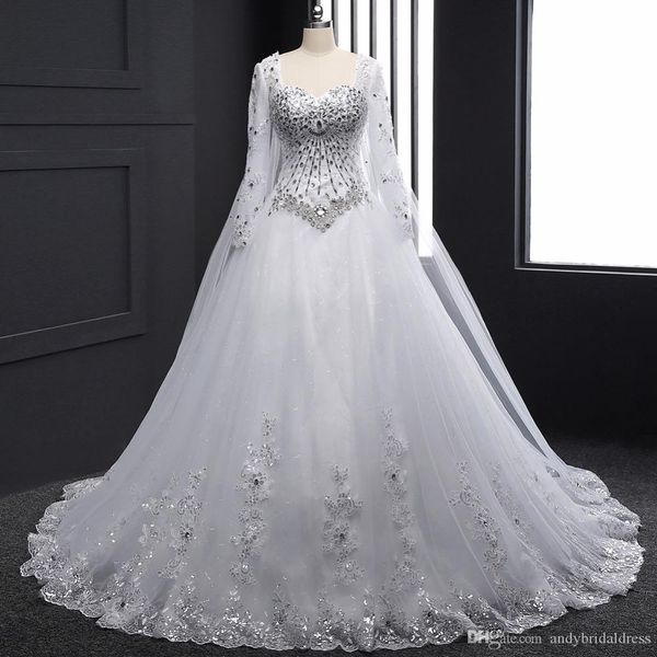 

2019 crystals rhinestones bling wedding dress long sleeve sweetheart a line bridal gowns with watteau train, White