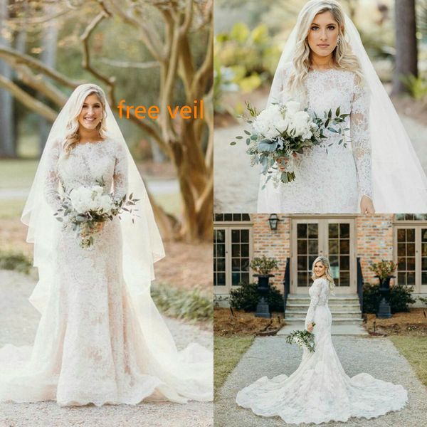 vintage full lace wedding dresses modest long sleeves mermaid bridal gowns button back sweep train abiti da sposa, White
vintage full lace wedding dresses modest long sleeves mermaid bridal gowns button back sweep train abiti da sposa, White