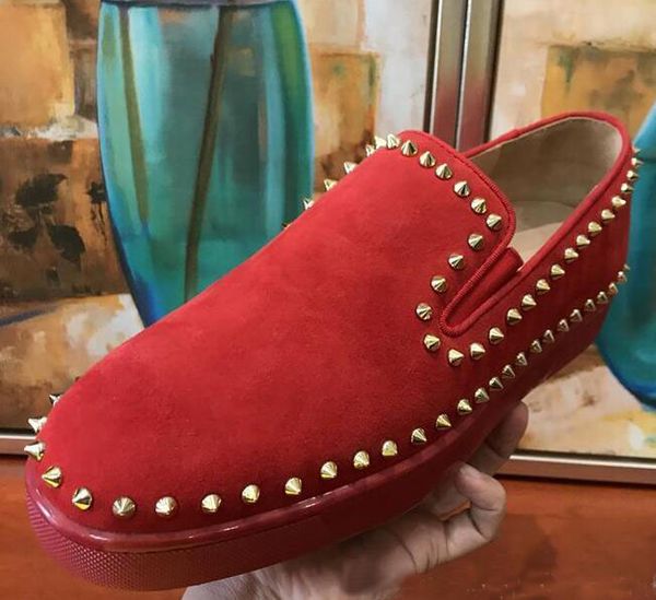 wholesale brand designer women men low red bottom sneakers red suede with gold spikes casual sports 4 season flats shoes, Black 
wholesale brand designer women men low red bottom sneakers red suede with gold spikes casual sports 4 season flats shoes, Black