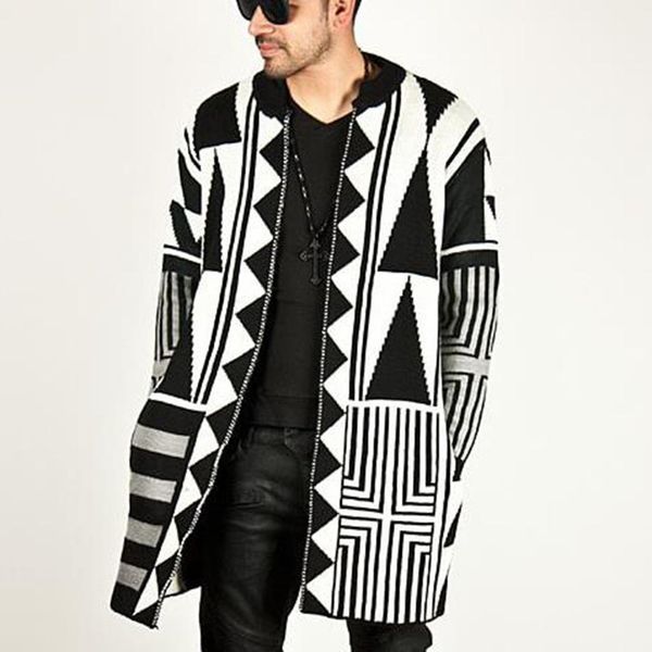 designer long sweater men hip hop streetwear men sweater color matching personality thick sweater cardigan coat -2xl, White;black 
designer long sweater men hip hop streetwear men sweater color matching personality thick sweater cardigan coat -2xl, White;black