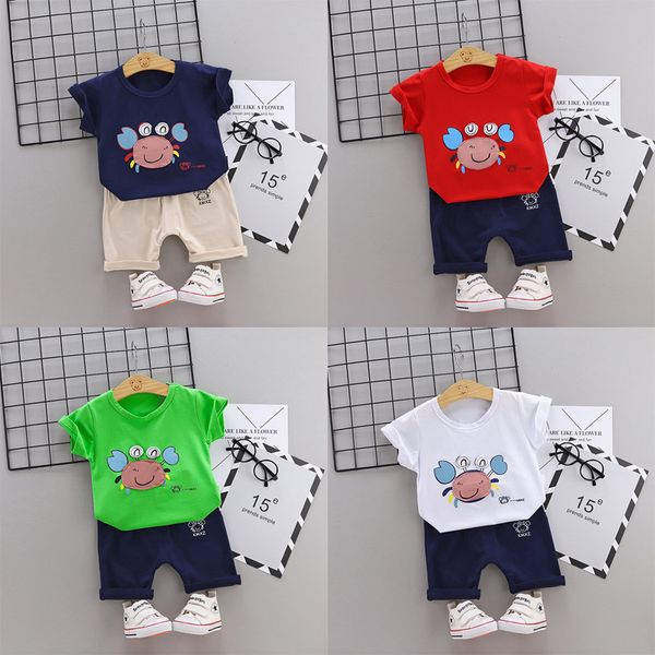2019 trend style summer cotton round collar crab pattern with short sleeve and shorts two pieces for boys and girls, White 
2019 trend style summer cotton round collar crab pattern with short sleeve and shorts two pieces for boys and girls, White