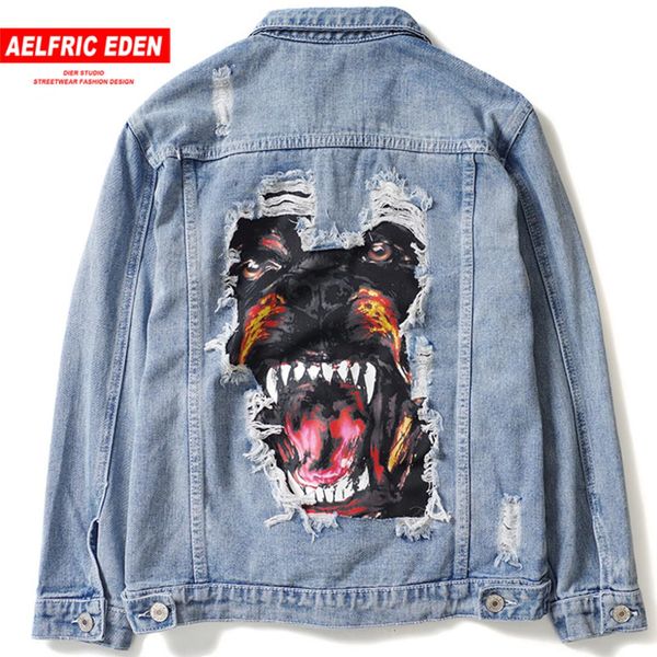 

aelfric eden men's hip hop streetwear denim jeans jackets 2019 spring funny dog patch design broken hole coats fashion outwear, Black;brown