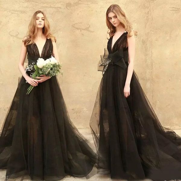 black gothic wedding dresses vintage deep v neck backless big bow a line tulle sweep train bridal gowns custom plus size, White
black gothic wedding dresses vintage deep v neck backless big bow a line tulle sweep train bridal gowns custom plus size, White