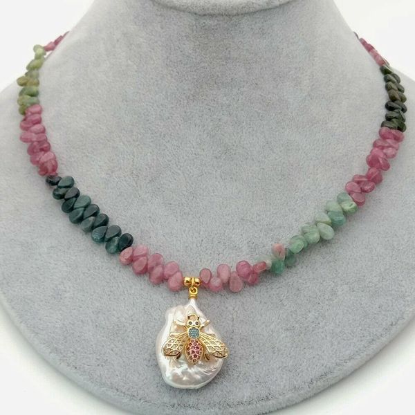 18" natural faceted teardrop colorful tourmaine necklace pearl insect pendant, Silver
18" natural faceted teardrop colorful tourmaine necklace pearl insect pendant, Silver